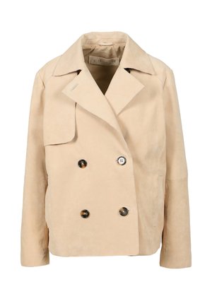 Beige zweireihiges Jackett aus Wildleder mit Reverskragen, großen Knöpfen und lässiger Passform. Verfügt über eine feine Struktur und aufgesetzte Taschen.