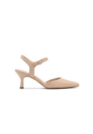 Tacchi slingback in pelle beige con punta affusolata e tacco a blocco di 5 cm, dotati di una sottile cinghia alla caviglia con dettaglio fibbia in metallo.