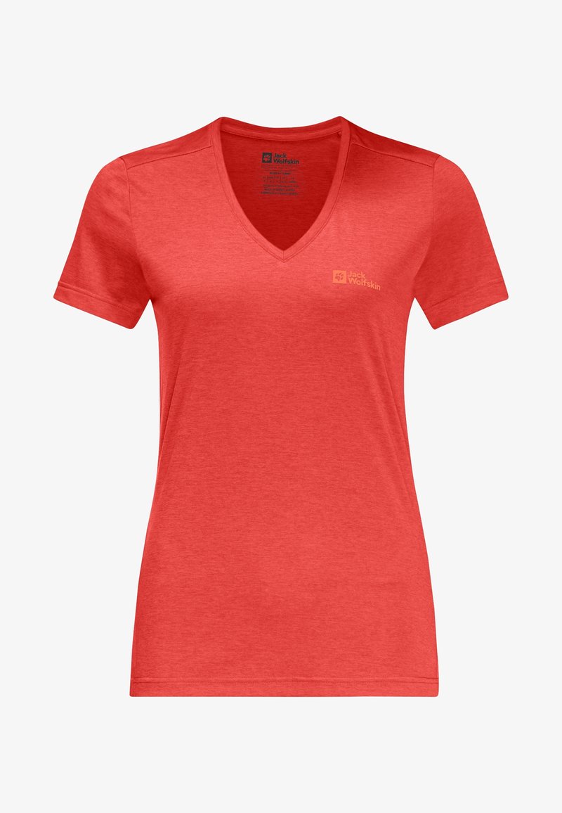 Červené tričko s výstřihem do V, vyrobené z měkkého materiálu, s krátkými rukávy a malým logem na levé části hrudi. Hladká textura, volný střih.