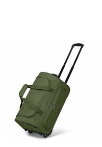 Borsa da viaggio duffle in morbido tessuto verde, con manico telescopico, tasca laterale con zip e due maniglie per il trasporto.