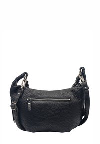 Sac à main en cuir noir avec une surface texturée, doté d'une poche avant zippée et d'une sangle réglable. Accents en métal.