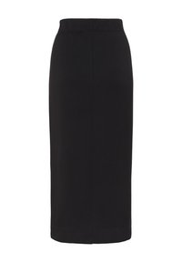 Melna ceļa garuma svārki, kas izgatavoti no elastīga auduma. Iekļauj vienkāršu, taisnu dizainu ar gludu tekstūru un elastīgu vidukļa joslu.