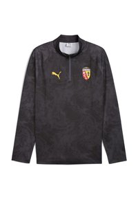 Zwarte sportieve langeklein top met een subtiel abstract patroon, halve ritsnek en Puma-logo; bevat een teamkruis met rode en gele accenten.