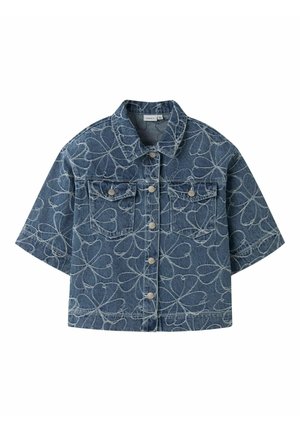 Farmer rövid ujjú dzseki gombokkal az elején, két mellzsebbel és fehér virágos vonalmintás hímzéssel.