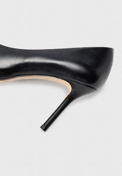 Sort læder højhælede sko med spids tå og en slank stiletto hæl. Overfladen er glat og har et minimalistisk design.