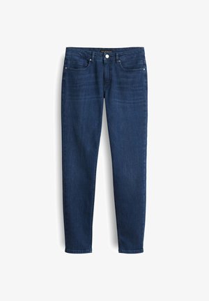 Jeans in denim blu scuro con una vestibilità slim, design a cinque tasche e patta con zip. Presentano un leggero effetto sbiadito e un'etichetta con il marchio sulla vita.