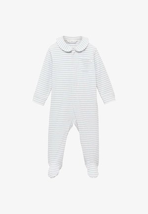 Bílý dlouhý overal s modrými pruhy, se zaobleným límcem, malou náprsní kapsou a zakrytými chodidly. Měkká, lehká tkanina.