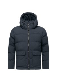 Giacca imbottita blu navy con zip frontale, cappuccio regolabile e due tasche frontali. Presenta pannelli cuciti e una texture liscia.