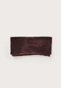 Burgundy stof halsrør med en krøllet tekstur, med en kontrasterende brun syet kant og et lille rødt brandlogo.