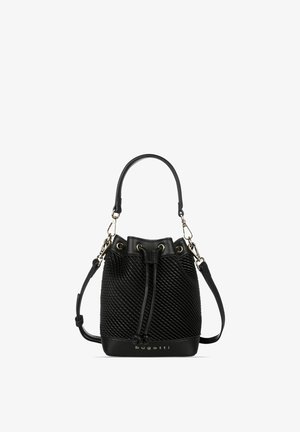 Schwarze strukturierte Bucket Bag mit Tunnelzuggurt, oben Griff, verstellbarem Schulterriemen und goldenem "bugatti" Logo vorne unten.