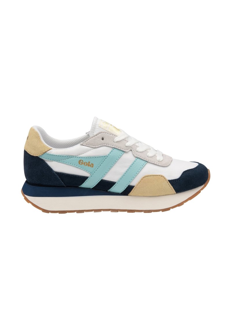 La sneaker presenta una toma superiore in pelle bianca con accenti in suede navy e aqua, sovrapposizioni grigie, una suola in gomma testurizzata e design con allacciatura.