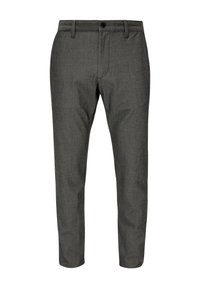 Pantalon pour homme gris foncé coupe slim avec passants de ceinture, bouton à l'avant et fermeture éclair, présenté sur fond blanc.