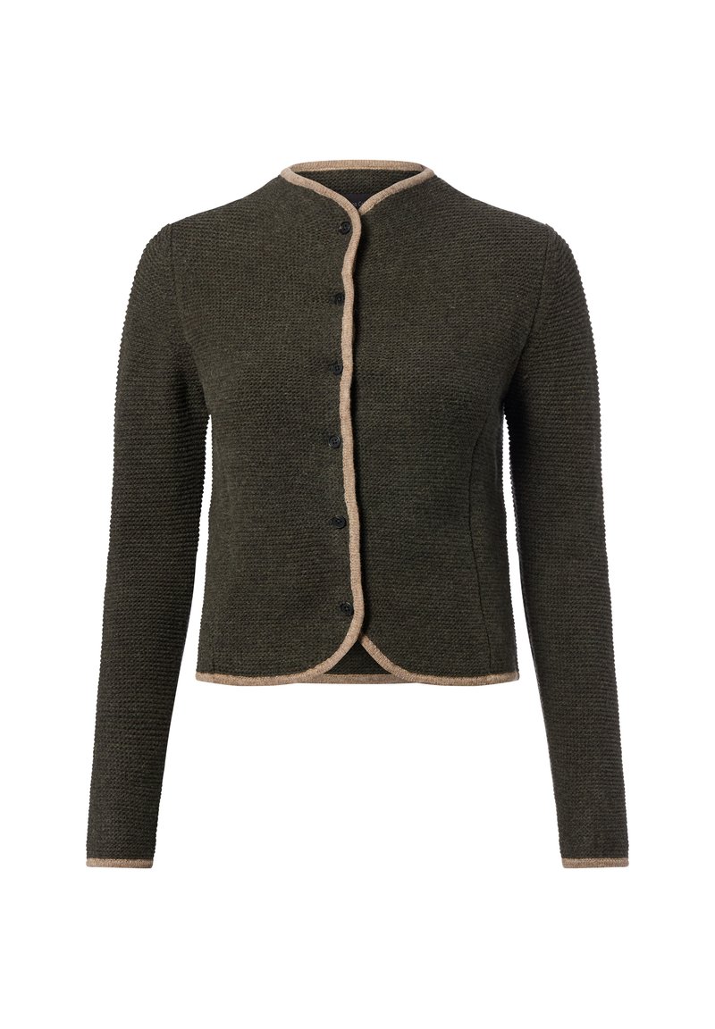 Dunkelgrüner Strickcardigan mit beigem Besatz, langen Ärmeln, rundem Ausschnitt und schwarzen Knöpfen vorne auf einem weißen Hintergrund.