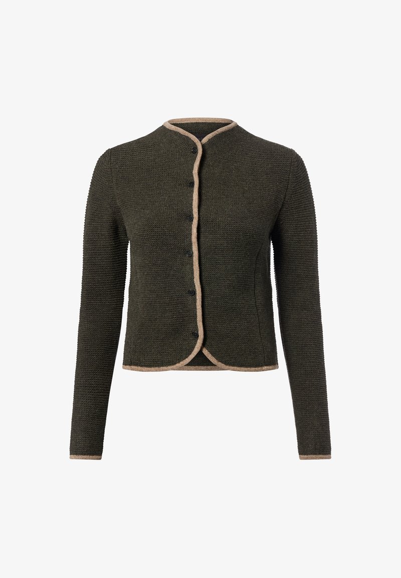 Dunkelgrüner Strickcardigan mit beigem Besatz, langen Ärmeln, rundem Ausschnitt und schwarzen Knöpfen vorne auf einem weißen Hintergrund.