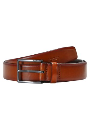 Brown leather belt with a smooth texture, featuring a silver metal buckle and a branded tab with the text "JOOP!" embossed.