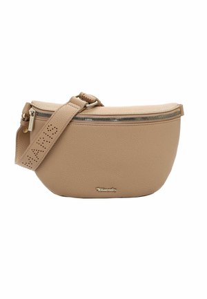 Beige leather crossbody bag with silver zipper, adjustable strap with perforated branding, and small metal logo on front.