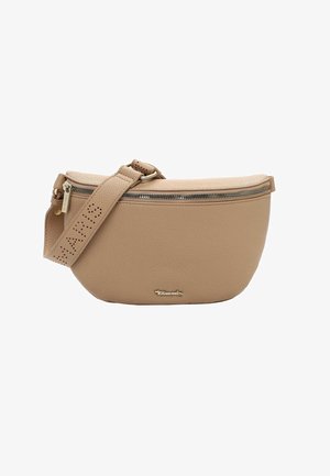 Beige læder crossbody taske med sølv lynlås, justerbar rem med perforeret branding og lille metal logo foran.