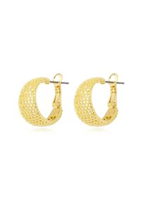 Boucles d'oreilles en métal doré en forme de créole avec un motif de grille texturé, dotées d'un fermoir articulé pour un maintien sûr et d'une finition polie pour un éclat.