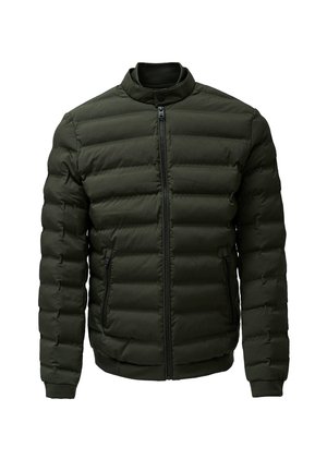 Giacca a vento trapuntata verde scuro con zip anteriore, colletto alto, tasche laterali con zip e polsini e orlo a costine.