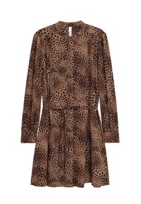 Robe marron à manches longues avec motif léopard, col, fermeture à boutons et taille cintrée. Le tissu semble doux avec une texture fluide.