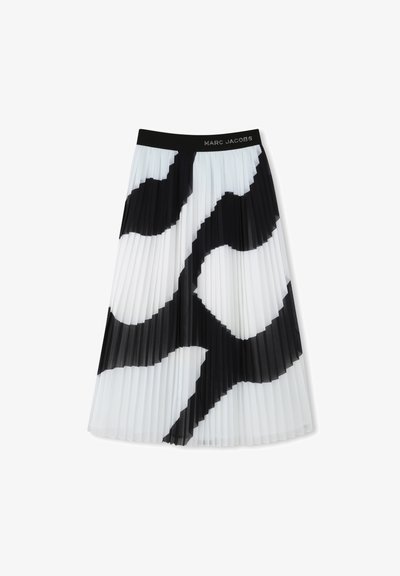 Gonna midi plissettata con un motivo astratto in bianco e nero, realizzata in tessuto leggero e dotata di una vita elastica nera.