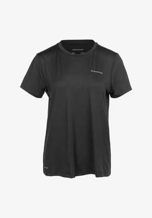 Sort kortærmet atletisk t-shirt lavet af polyester, med rund hals og diskret "ENDURANCE" logo på den øverste front.