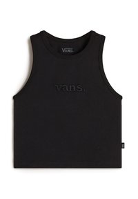 Black sleeveless crop top made of cotton. Features an embroidered logo at the front and a classic round neckline with a fitted structure.