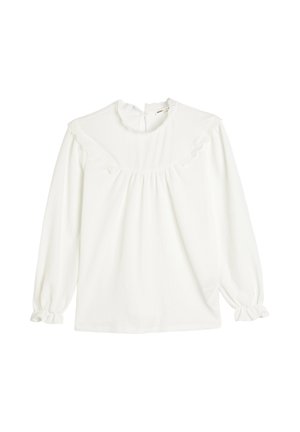 Hvid langærmet top med en høj, flæset krave, indsamlet liv og elastiske manchetter. Lavet af et tekstureret stof.