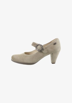 Beiger Veloursleder Mary Jane-Schuh mit mittelhohem klobigem Absatz und dekorativer rundlicher Schnalle am Riemen über dem Spann.