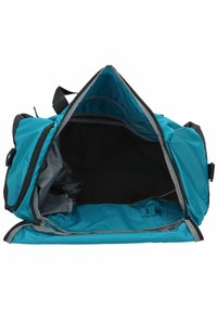 Turquoise duffel bag featuring a spacious interior with gray accents, black lining, and multiple compartments organized for storage.