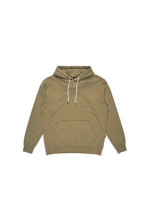 Sudadera con capucha de color verde oliva, fabricada en un tejido suave. Cuenta con un bolsillo tipo canguro, cordón ajustable y puños y dobladillo acanalados.