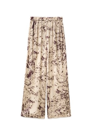 Pantaloni beige a gamba larga con stampa astratta macchie marrone scuro e vita elasticizzata, distesi su sfondo bianco.