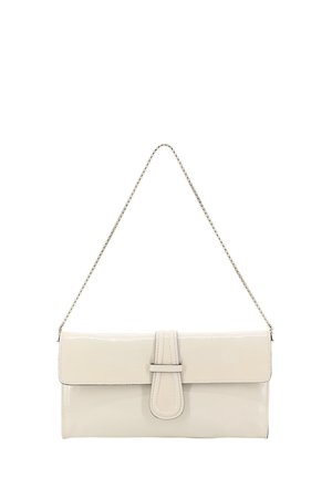 Small rectangular glossy beige clutch bag with a front strap detail and a thin silver chain shoulder strap.