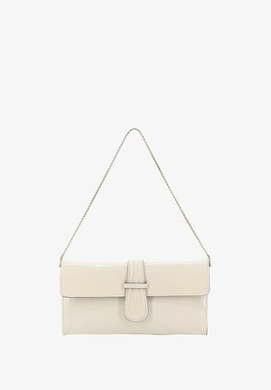 Small rectangular glossy beige clutch bag with a front strap detail and a thin silver chain shoulder strap.
