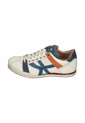 White sneaker with blue and orange leather accents, perforated details, and white laces, shown from the side on a white background.