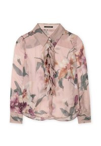 Long-sleeve, lightweight pink blouse with floral print. Features a button-down design, ruffled front, and a classic collar.