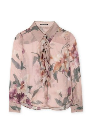 Langärmlige, leichte rosa Bluse mit floralem Muster. Verfügt über ein Knopfdesign, geraffte Vorderseite und klassischen Kragen.