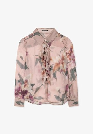 Langärmlige, leichte rosa Bluse mit floralem Muster. Verfügt über ein Knopfdesign, geraffte Vorderseite und klassischen Kragen.