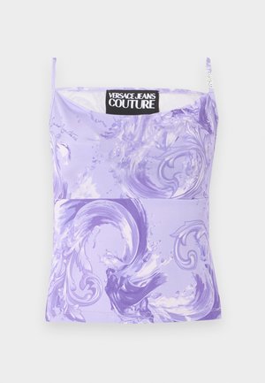 Fioletowy top bez rękawów Versace Jeans Couture z wirującymi abstrakcyjnymi wzorami barokowymi i cienkimi ramiączkami.