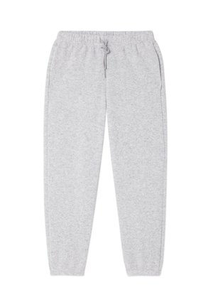 Pantalon de survêtement gris, à jambe droite, avec une taille élastique et un cordon de serrage. Tissu doux avec une texture subtile, conçu pour le confort et la liberté de mouvement.
