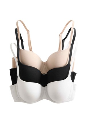 Tre bh: en svart, en vit och en beige. De har slät tyg, formade kupor och justerbara band.