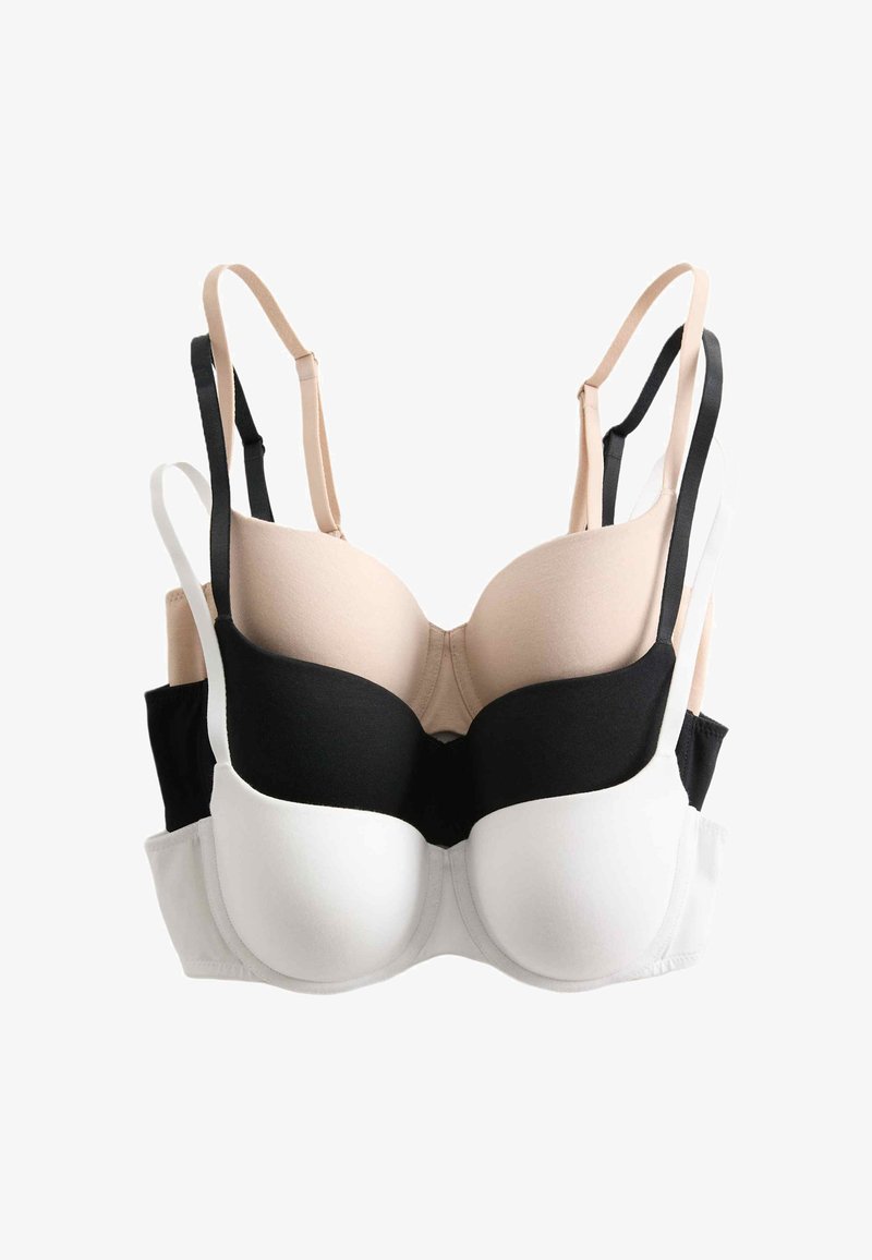 Drie bh's gestapeld: één zwart, één wit en één huidskleurig. Ze hebben een gladde stof, voorgevormde cups en verstelbare bandjes.