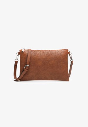 Brown leather crossbody bag with floral embossing, zip closure, and an adjustable strap. Smooth texture, rectangular shape, and silver hardware.
