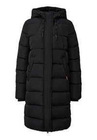 Melnas garas siltas ziemas mēteles ar kapuci, priekšējais rāvējslēdzis pārklāts ar pakešu, un sānu kabatām.