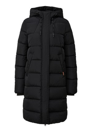 Czarna, długa, pikowana kurtka zimowa z kapturem, z przodem na zamek błyskawiczny zakrytym klapą i kieszeniami bocznymi.