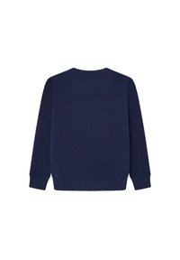 Sudadera de color azul marino con escote redondo, mangas largas y puños y dobladillo acanalados. Textura suave, color sólido, sin patrones ni acentos visibles.