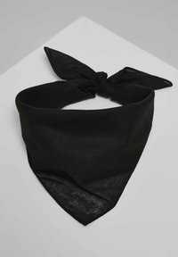 Schwarzer Schal aus leichtem Stoff, dreieckige Form mit spitzen Enden und einem geknoteten Zentrum. Glatte Textur, minimalistisches Design.