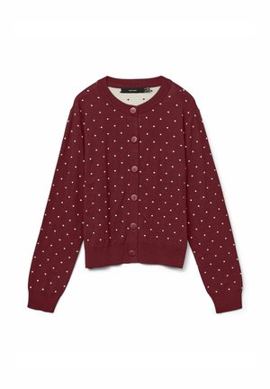 Cardigan bourgogne avec un col rond, des manches longues et une rangée de boutons sur le devant. Présente des pois blancs dans un motif régulier.