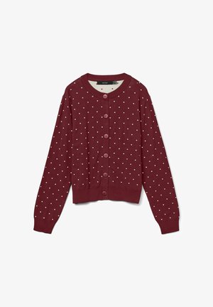 Bordeaux cardigan met een ronde halslijn, lange mouwen en een rij knopen aan de voorkant. Heeft witte stippen in een regelmatig patroon.