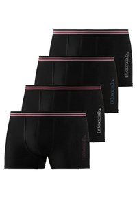Black boxer shorts set of four with colored striped waistband. Features "Bench." logo in contrasting colors on left leg. Soft fabric.